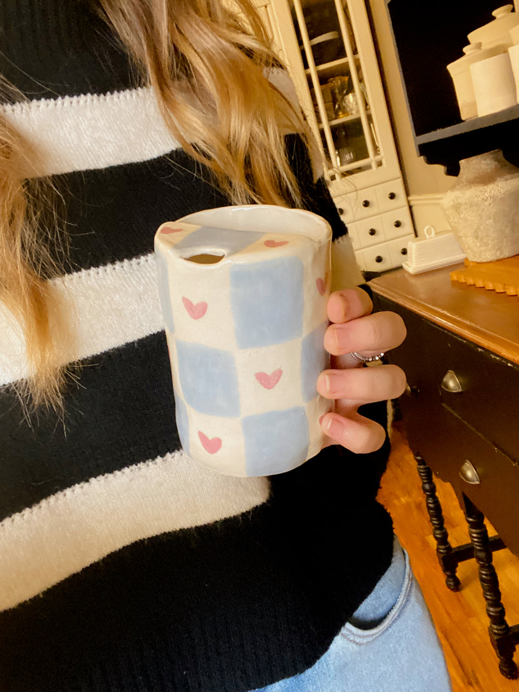 On-The-Go Cup - Blue Check Hearts