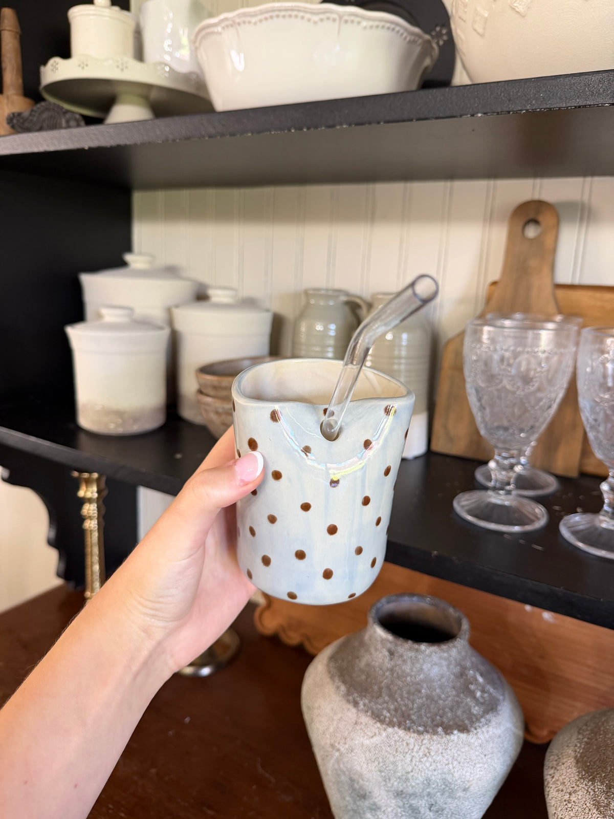 The Polka-Dot Straw Cup - BLUE + BROWN - INCLUDES PLASTIC STRAW