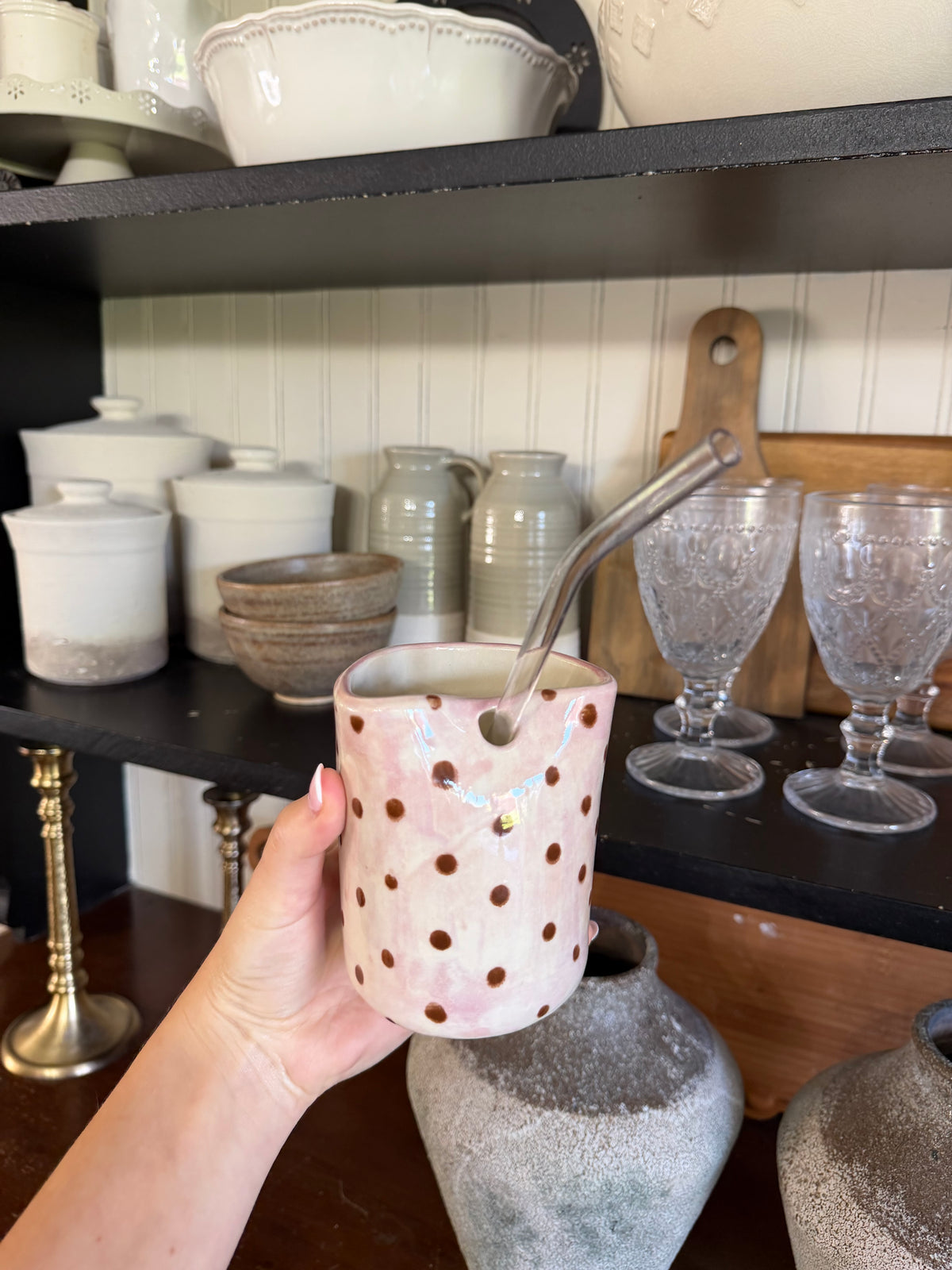 The Polka-Dot Straw Cup - PINK + BROWN - INLCUDES PLASTIC STRAW