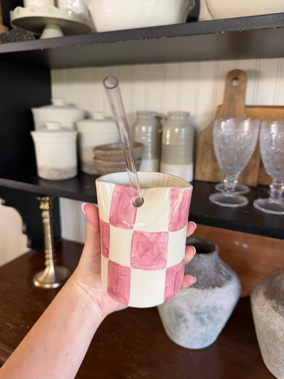 The Checkered Straw Cup - PINK - INCLUDES PLASTIC STRAW