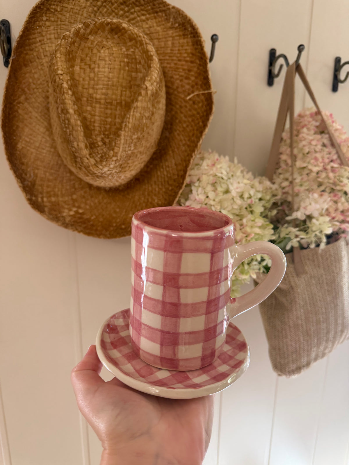 The Autumn Picnic Mug & Saucer Set - PINK GINGHAM