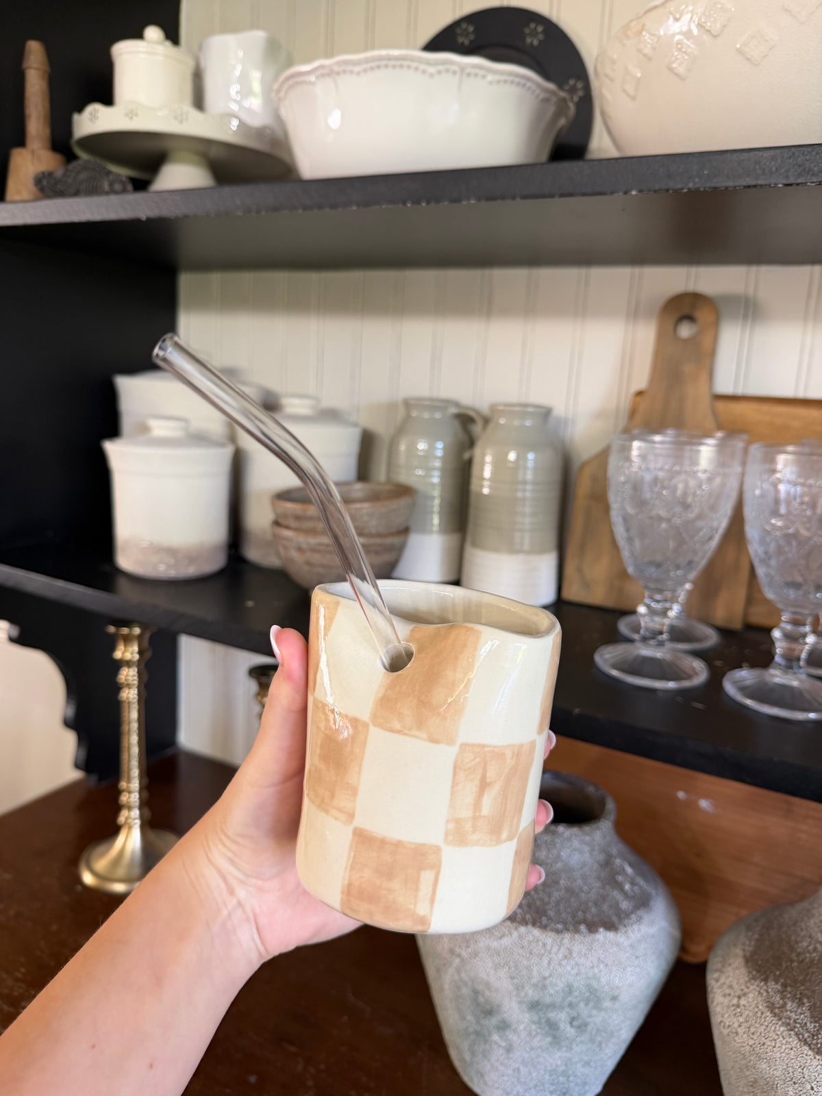 The Checkered Straw Cup - BEIGE - INCLUDES PLASTIC STRAW
